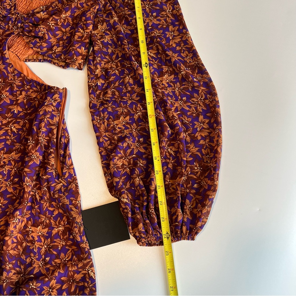 Lulus Dress Size Medium Purple Orange Floral Cutout Tie Front Balloon Sleeve - Picture 12 of 13